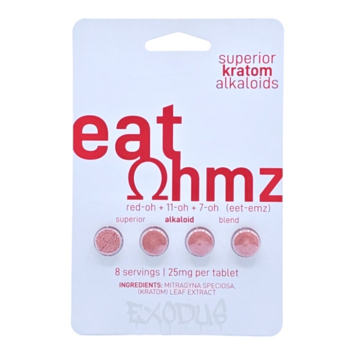 Packaging of eat ohmz kratom with red text on a light blue background