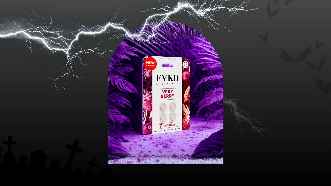 FVKD Very Berry product packaging with a purple arch and lightning effect on a dark background